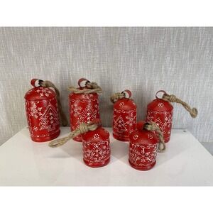 Set of 6 Red Metal Christmas Bells Rustic Farmhouse Decor - 001-1 (1)